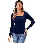 Allegra K Velvet Top for Women's Square Neck Long Sleeves Solid Casual T-Shirt Blouse