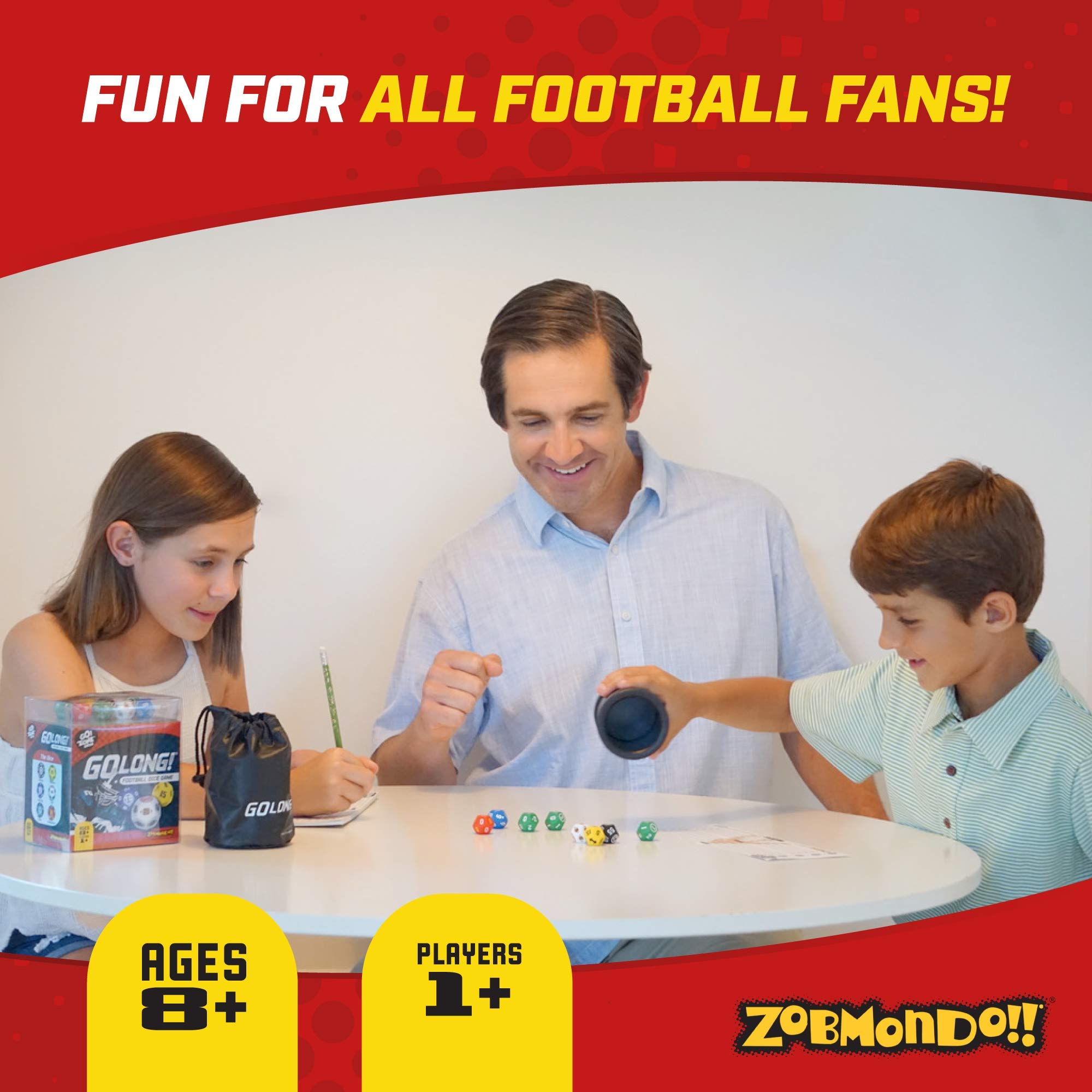 Zobmondo!! GoLong Football Dice Game | for Sports Fans, Families and Kids | Includes Travel Bag for Dads and Boys