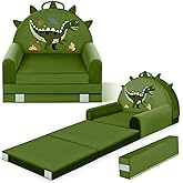 ORWIPO Dinosaur Kids Sofa Bed with Removable Washable Cover & Hook and Loop Backrest – Foldable Toddler Chair, Cozy Crystal Velvet Furniture for Playtime, Naps & Travel (Dark Green, Dino Design)