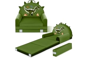 ORWIPO Dinosaur Kids Sofa Bed with Removable Washable Cover & ​​Hook and Loop​​ Backrest – Foldable Toddler Chair, Cozy Crystal Velvet Furniture for Playtime, Naps & Travel (Dark Green, Dino Design)