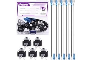 Swpeet 20Pcs 15Amp Thermal Circuit Breaker with 19cm 6.3mm Female Spade Terminals Wire Leads and Waterproof Button Caps Kit, 