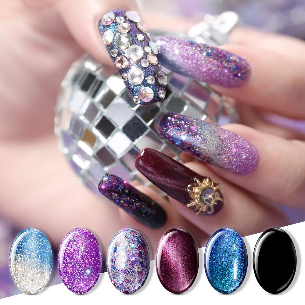 Cat Eye Gel Nail Polish with Magnet Stick Black Glitter Mood Color Changing Holographic Fingernail Polish Soak Off Nail Lamp 6 Colors Collection by Modelones 10ml for Nail Art: Beauty