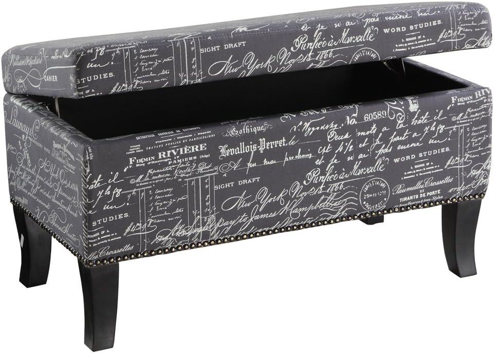 Linon Stephanie Script Linen Ottoman, 32"W x 16"D x 18"H, Gray/Black: Kitchen & Dining