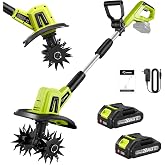 Saker 22V Cordless Garden Tiller Cultivator Rototiller for Gardening | Electric Garden Tiller,360RPM,9-Inch Tilling Width, 6.3-Inch Depth for Soil Preparation, Weeding, and Gardening,2 Batteries