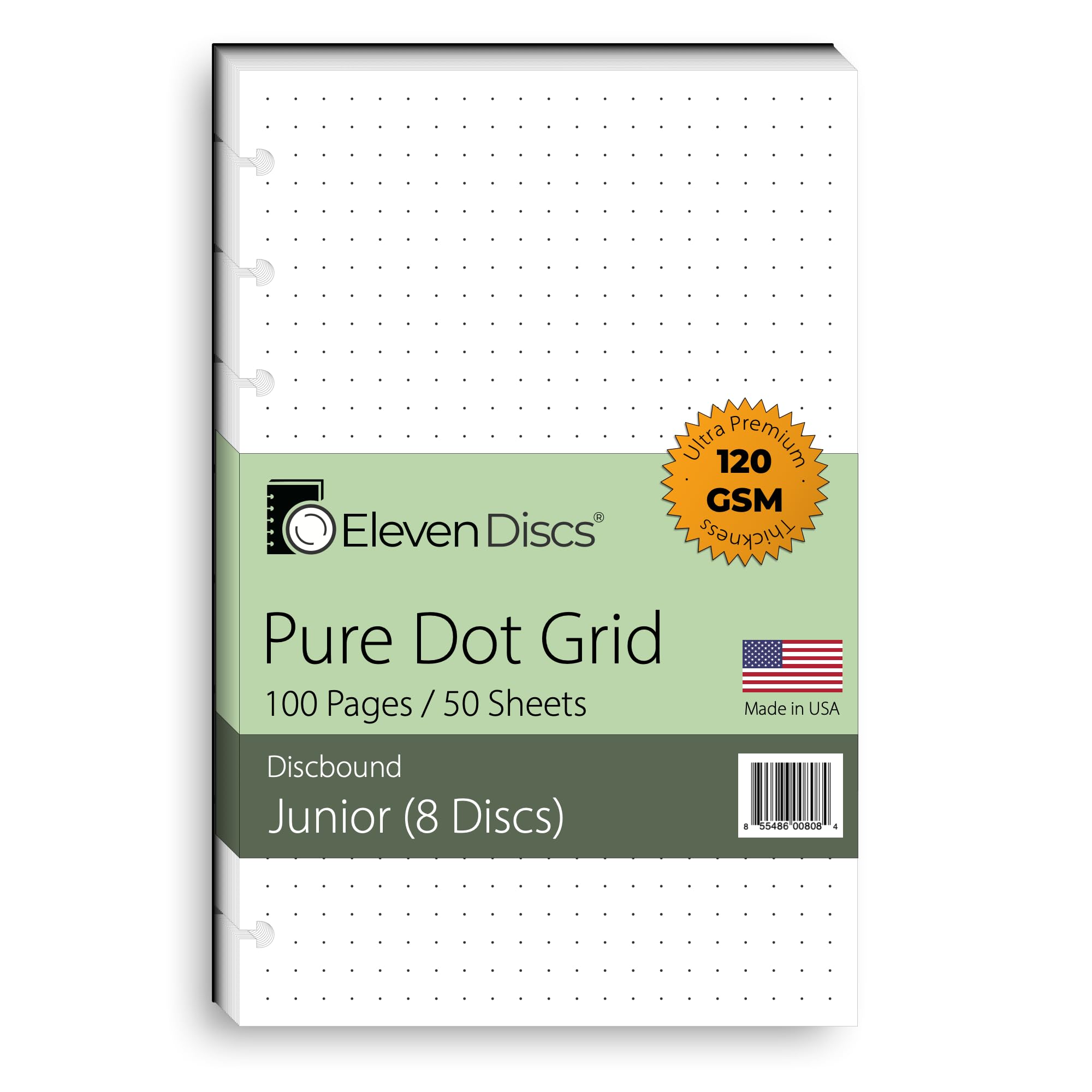 Eleven Discs Discbound Paper, Junior Size Pure Dot Grid Sheets - Premium 120gsm Heavyweight Notebook & Planner Refills - 8 Discs, 5.5 x 8.5 in - Punched for Circa, Arc, TUL (50 Sheets)