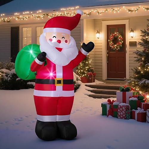 6FT Christmas Inflatable Santa Outdoor Decoration with LED Lights, Blow up Santa Claus Carrying Gift Sack Yard Decoration, Inflatable Santa Decor for Xmas Holiday Garden Lawn Patio