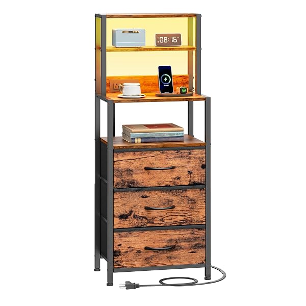 FURNULEM NIGHT STAND, TALL NIGHTSTAND WITH 4-TIER SHELVES AND 3 FABRIC DRAWERS, LED BED SIDE TABLES WITH CHARGING STATION, BEDSIDE TABLE FOR BEDROOM, HALLWAY, OFFICE, RUSTIC BROWN
