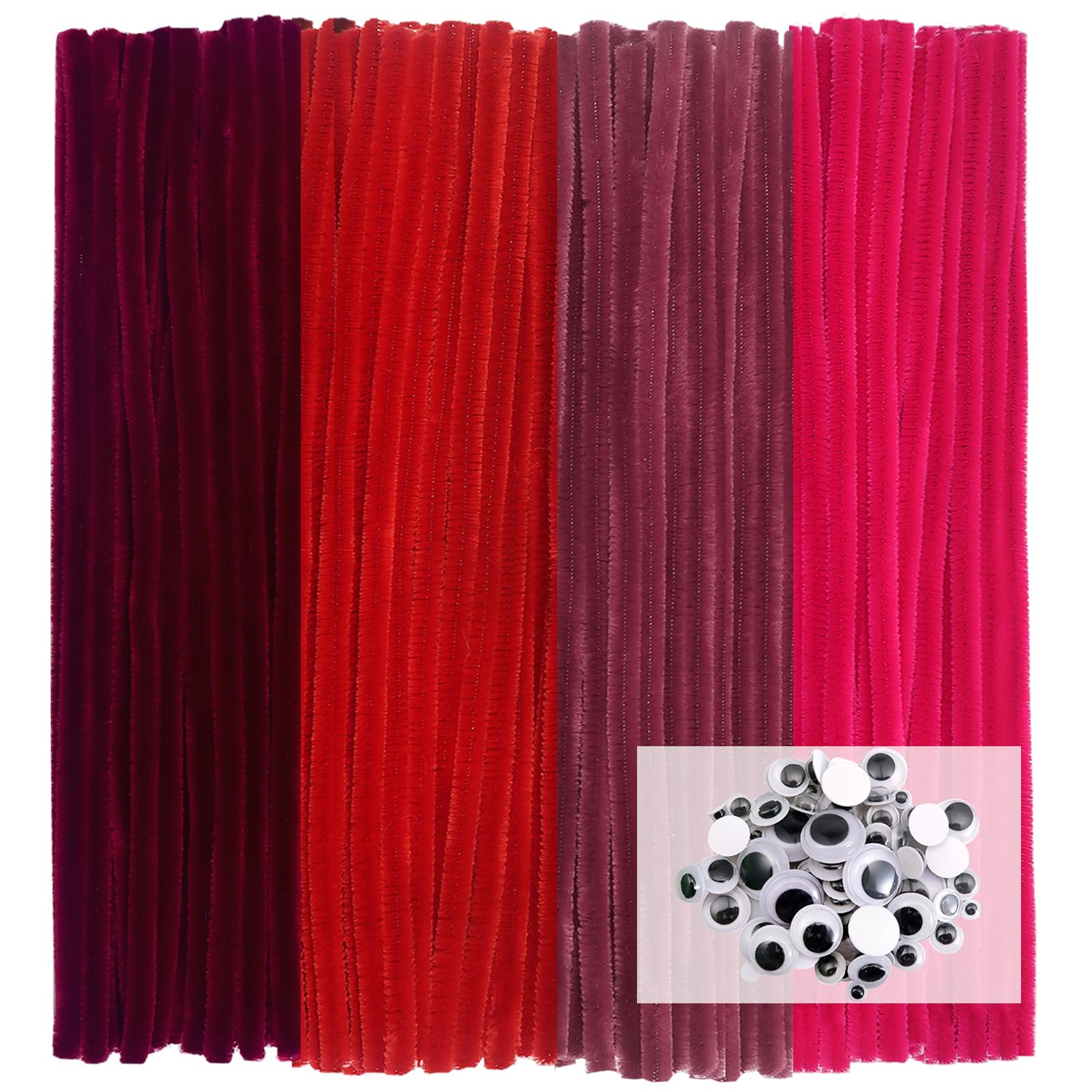 TOAOB 100pcs Red Pipe Cleaners for Craft 30cm Long Chenille Stem 6mm Thick Fuzzy Sticks Craft Supplies with Wiggle Googly Eyes for DIY Flowers Projects Home Decorations