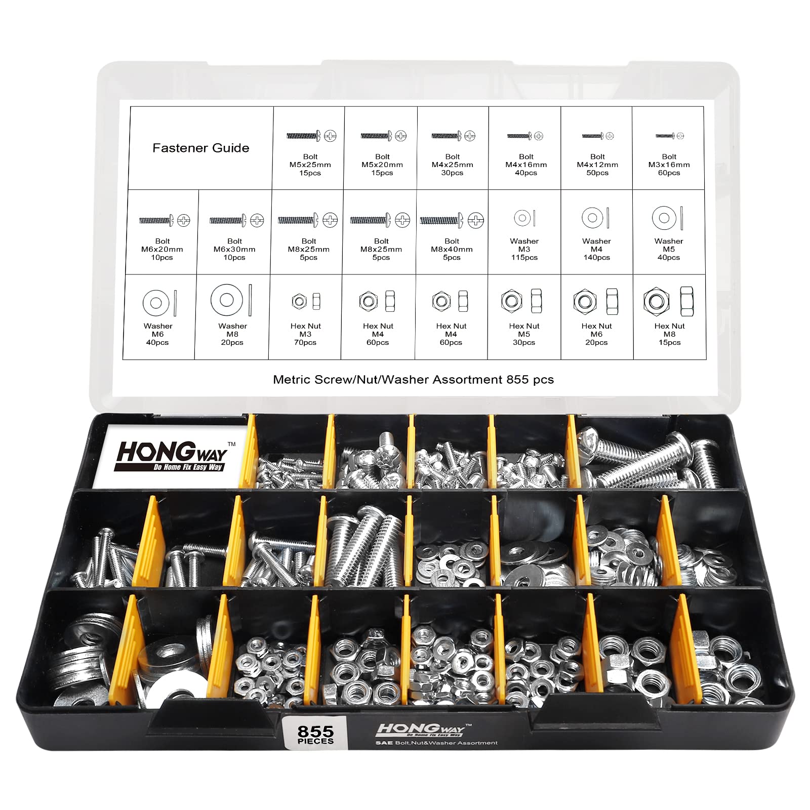 HongWay 2000pcs Hardware Assortment Kit, Nuts and Bolts Assortment Kit with 64 Sizes Bolts, Nuts & Washers Assortment and Metal & Wood Screw Organizer (3 Trays)