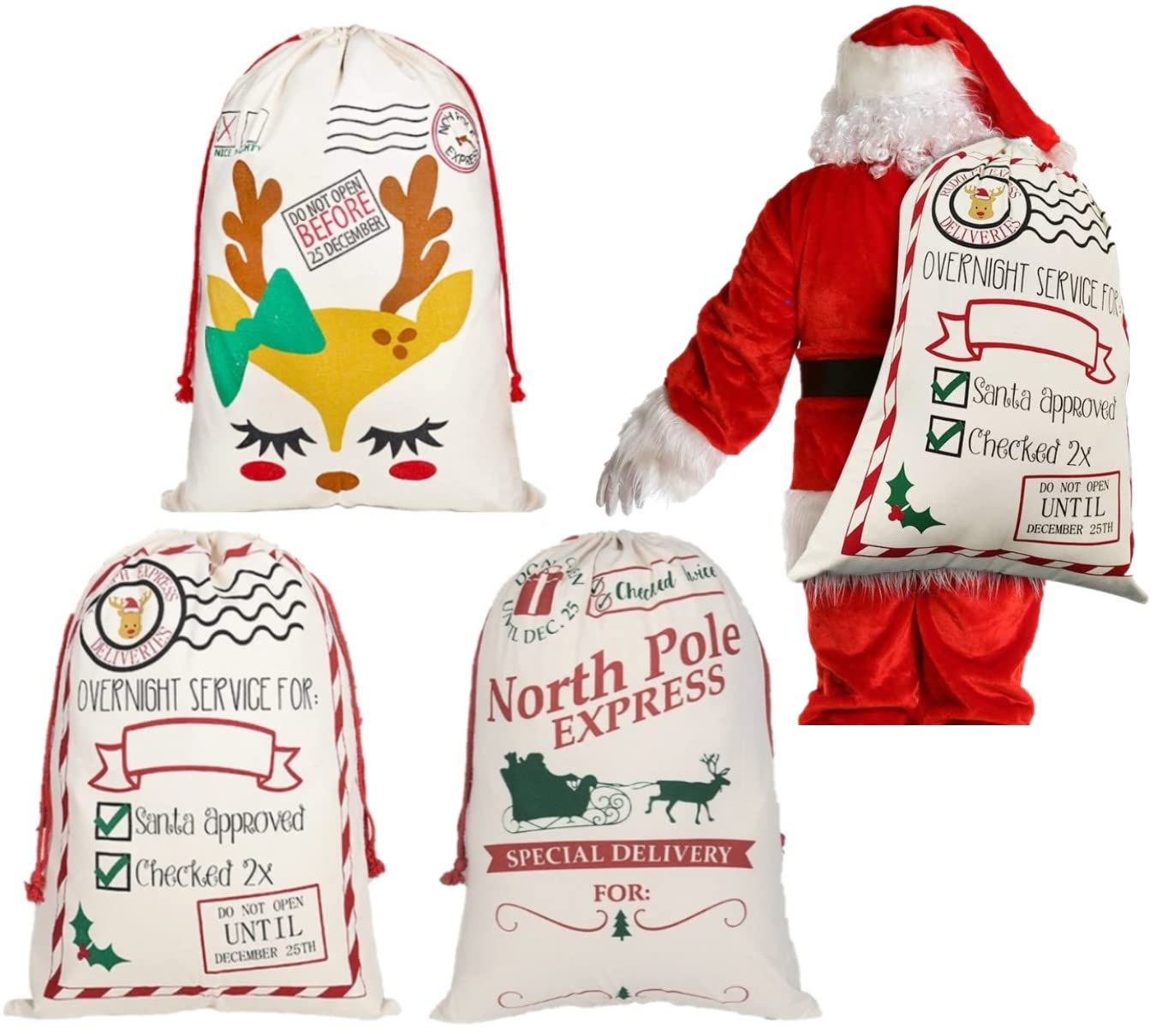 LATERN 3Pcs Christmas Bags Gifts Bags Santa Sack Canvas Bag with Red Drawstrings - 3 Styles Christmas Christmas Express Delivery Bags Extra Large Size 70 x 50cm