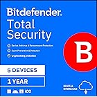 Bitdefender Total Security - 5 Devices | 1 year Subscription | PC/Mac | Activation Code by email