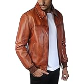 Mens Leather Bomber Jacket in 100% Real Lambskin Leather - Premium Vintage Brown Leathers Jacket for Men With Shirt Collar