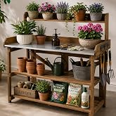 Garden Potting Bench Table Wooden Horticulture Outdoor Planting Work Bench with Metal Tabletop/Hooks/2 Large Open Shelf(34.8" LX 18" W X 46.6" H)