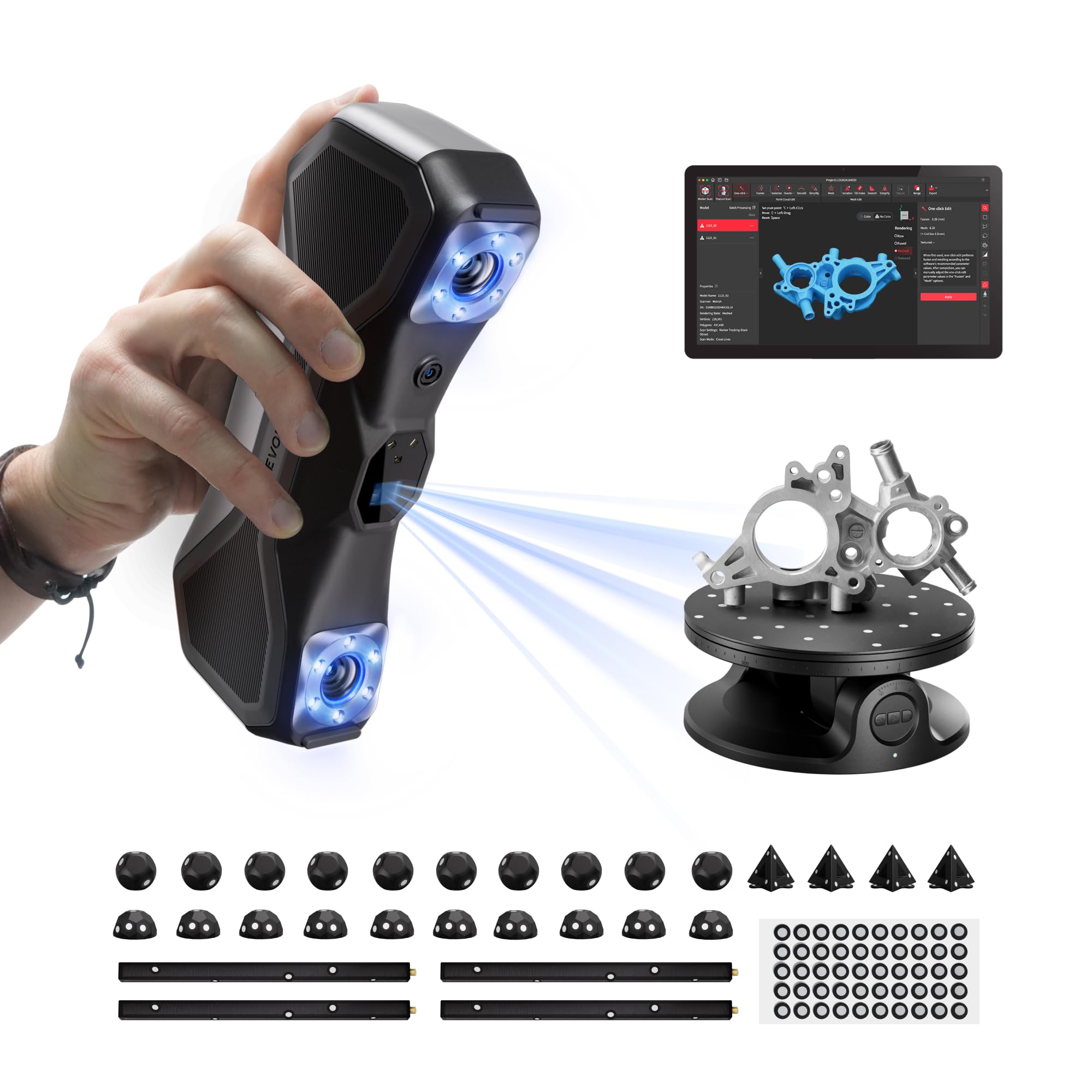 Revopoint MetroX Escáner 3D para impresión 3D, escáner de impresora 3D portátil, escaneo láser azul, precisión de grado metrológico de 0,01 mm para objetos metálicos oscuros, velocidad de hasta 60 fps, compatible con Windows macOS, avanzado