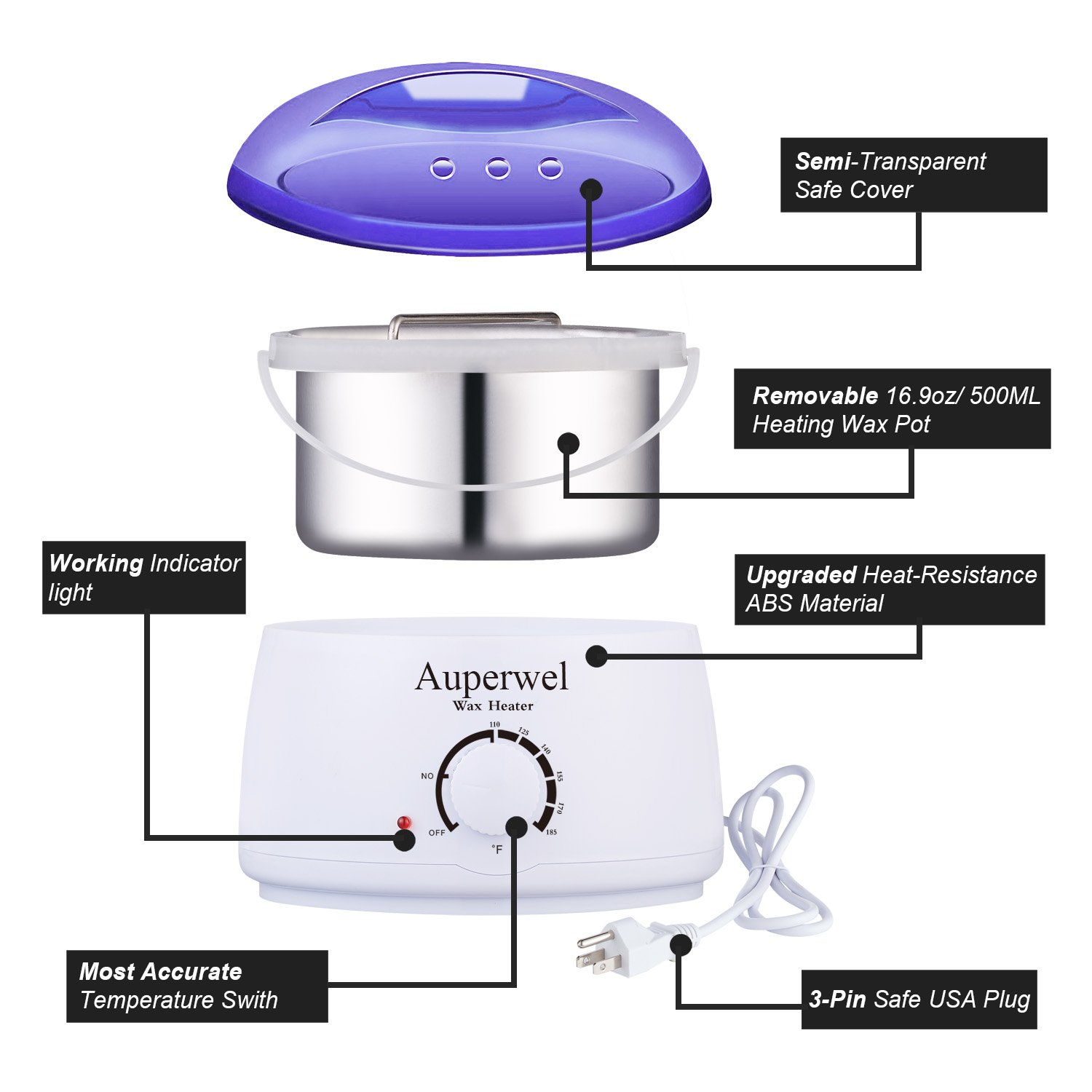 Auperwel Wax Warmer Waxing Kit - Hair Removal Hot Body Wax Heater Kit with 4 Hard Wax Beans 20 Waxing Spatulas (Hard Wax Kit)