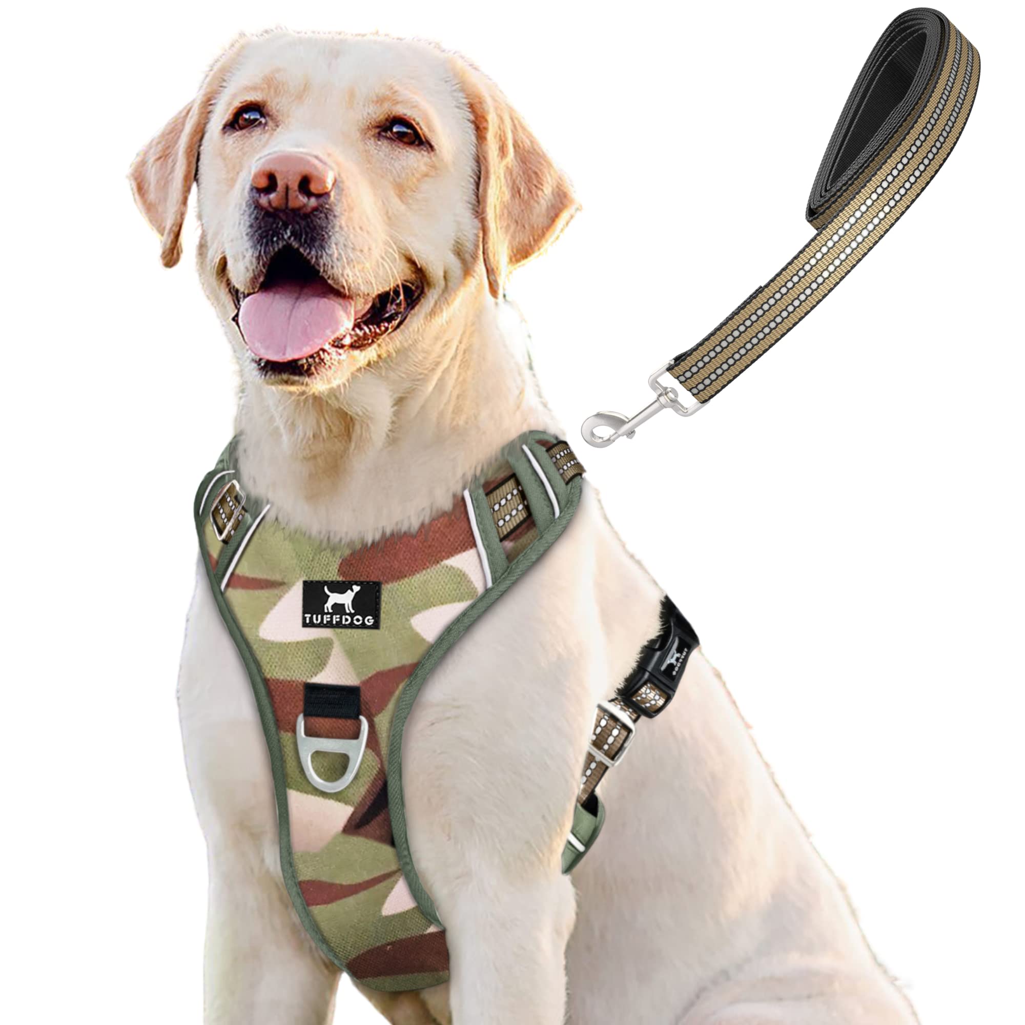 TUFFDOG Easy-Fit Dog Harness - Fast Release Neck Clip, Premium Padded Reflective No Pull Harness with Control Handle. Adjustable Step-in Dog Vest Plus Free Matching Lead (XL, Jungle Camo)