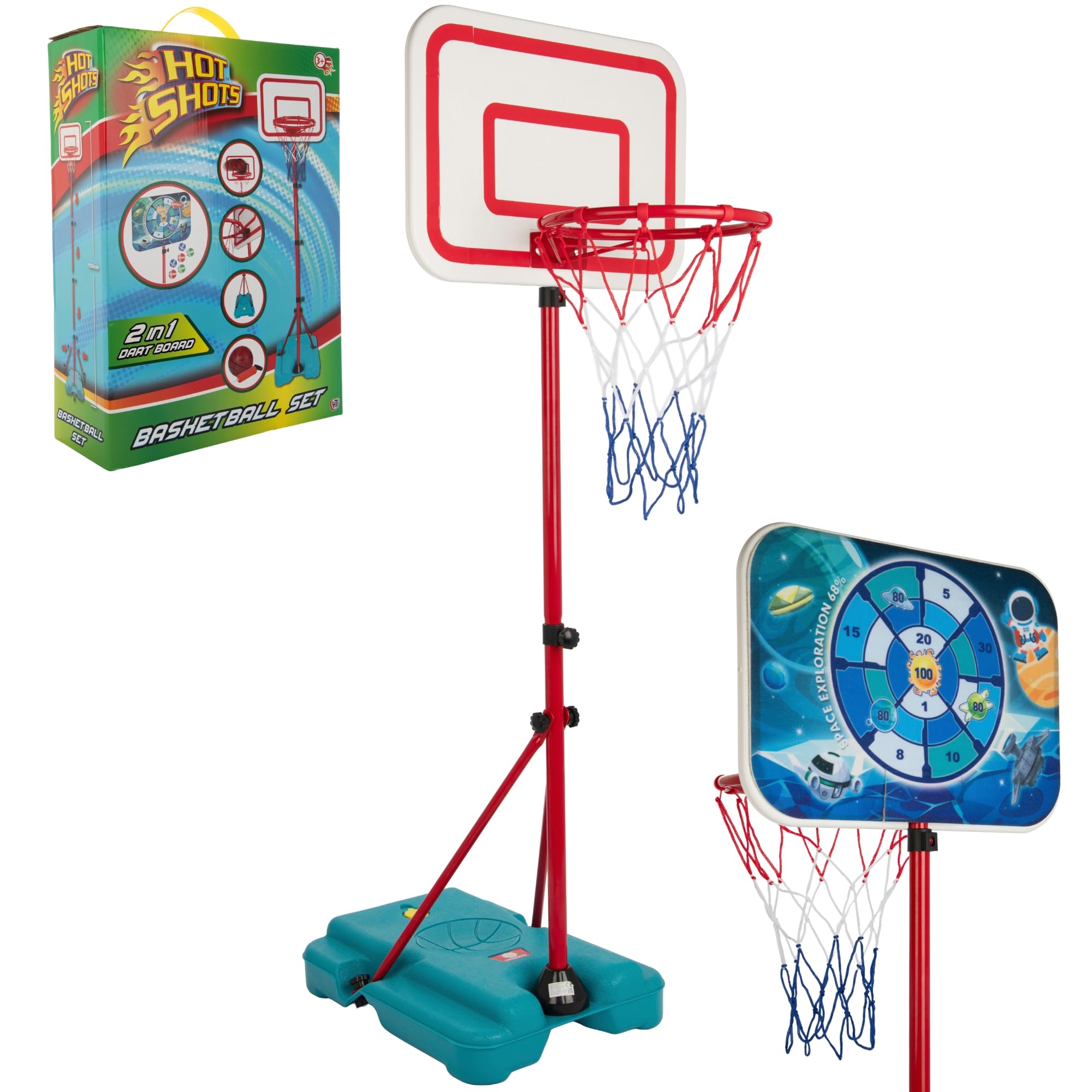 2-in-1 Basketball Hoop Set for Kids | Adjustable Height, Sticky Dart Board with Safe Velcro Darts, 3 Balls, Pump, Adjustable Rim, Water-Fillable Base | Indoor & Outdoor Sports Toy Gift for Children 3+