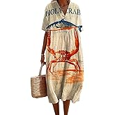 Epanus V Neck Boho Sardine Fishfood Linen Maxi Dress Women Summer Short Sleeve Loose Plus Size Casual Beach Vacation Long Tunic Dress with Pocket
