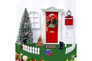 BEIREG Dollhouse Furniture - 19pcs Miniature Fairy Door with Christmas Tree and Christmas Accesories, Christmas Decorations Wooden Fairy Door Craft Gift for Kids