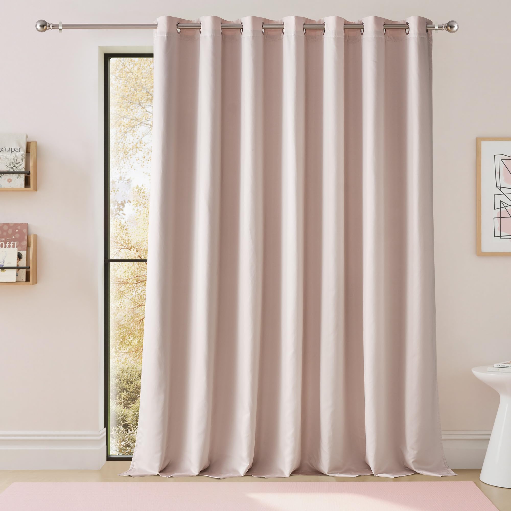 NICETOWN Thermal Insulated 100% Blackout Drape, Pink, 1 PC, 100" x 84", Noise Reducing Performance Grommet Slider Satin Curtain Panel with Black Lining for Large Window Image