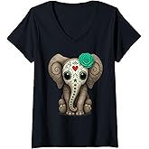 Womens Sugar Skull Elephant Halloween Design for Women Kids Men V-Neck T-Shirt
