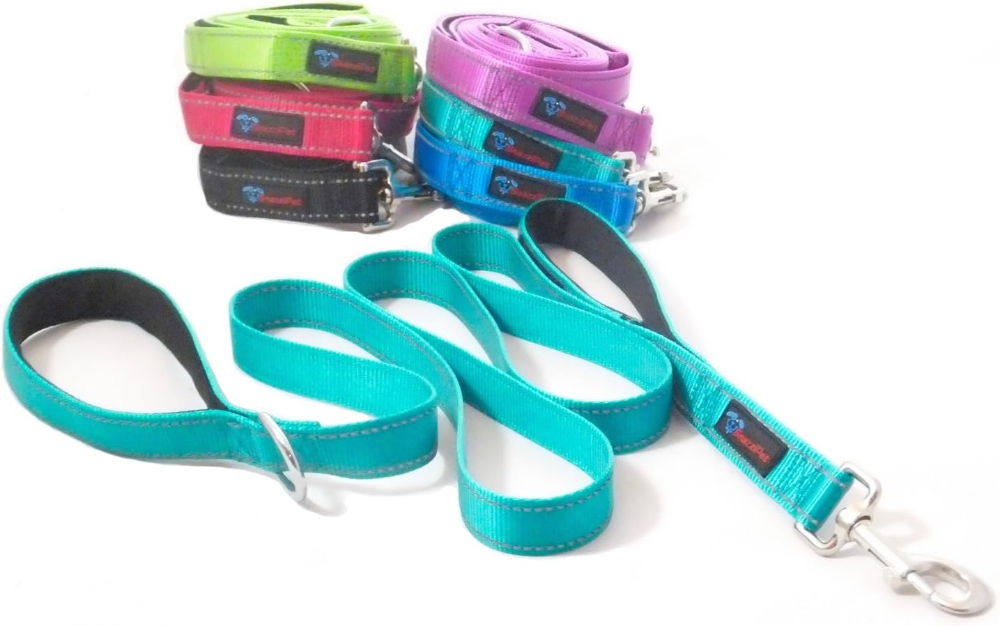 Snazzi Pet Big Dog Leash Soft Padded Double Handles for Extra Control 6 ft Heavy Duty Premium Nylon with Reflective Stitching for Night Visibility 6 Fab Colors for Large and Medium Dogs, Dog Training