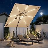 HOMSHADE 10 ft Square Cantilever Patio Umbrella with Base Included, Solar Lights Large Umbrella Outdoor Patio with 360°Rotati