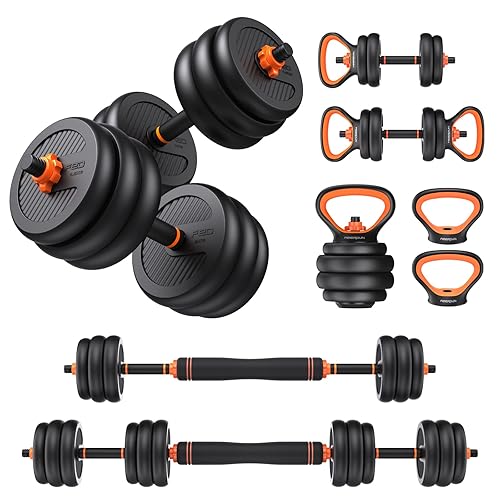 FEIERDUN Adjustable Dumbbells, 20/30/40/50/70/90lbs Free Weight Set with Connector, 4 in1 Dumbbells Set Used as Barbell, Kettlebells, Push up Stand, Fitness Exercises for Home Gym Suitable Men/Women