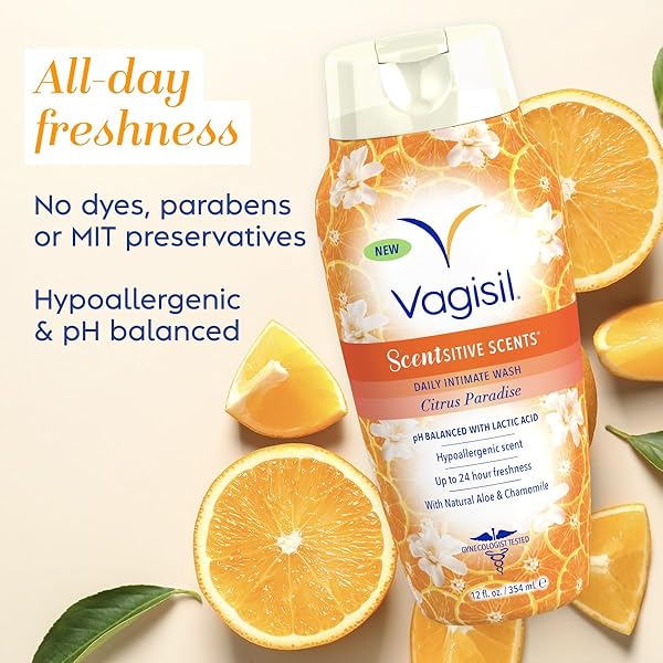 VAGISIL FEMININE WASH FOR INTIMATE AREA HYGIENE, SCENTSITIVE SCENTS, PH BALANCED AND GYNECOLOGIST TESTED, CITRUS PARADISE, 12 OZ (PACK OF 1)