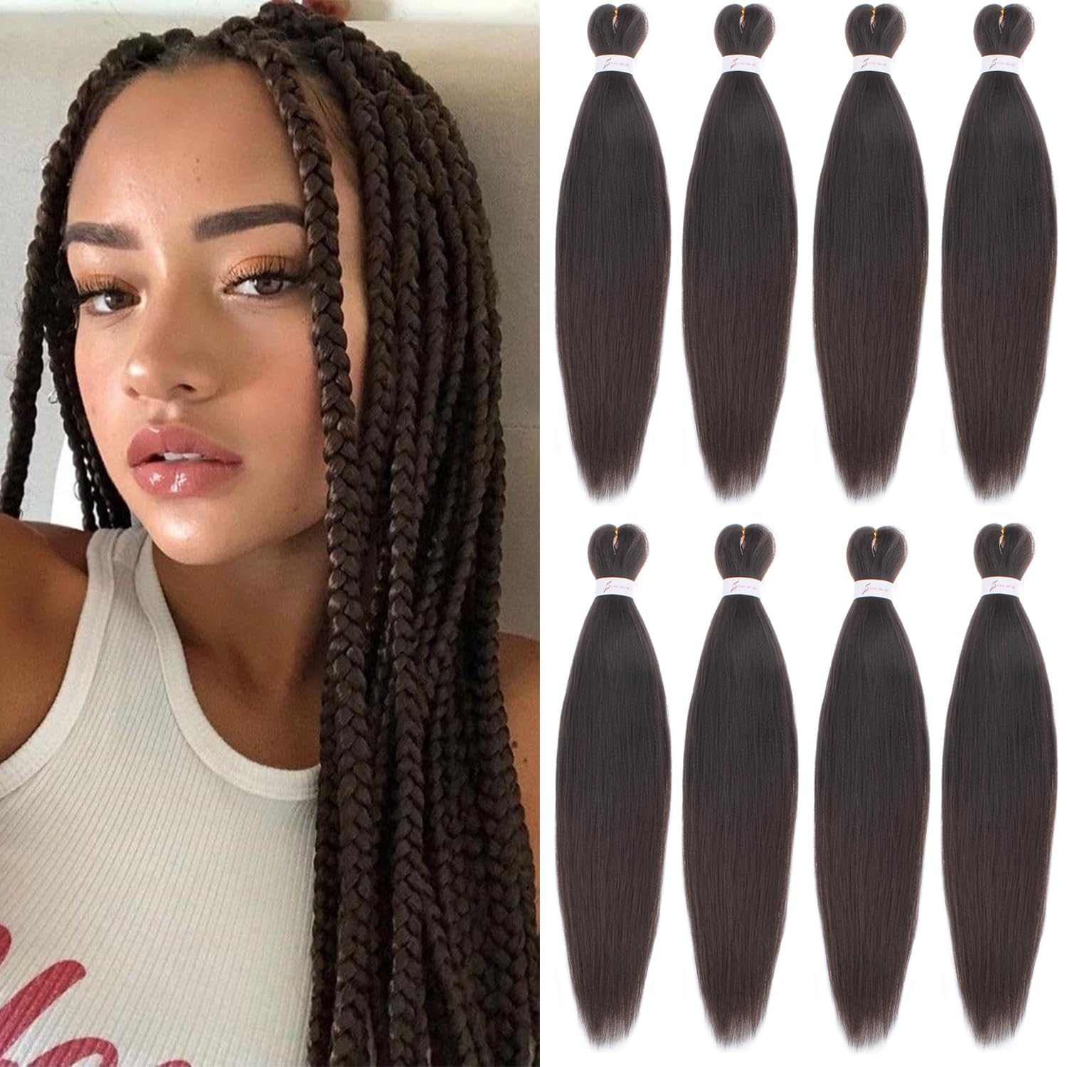Mscat 16 Inch 8 Packs Pre Stretched Braiding Hair Dark Brown Pre Stretched Braiding Professional Synthetic Prestretched Crochet Braids Hair Extension Hot Water Setting Yaki Texture (4#) — image 1
