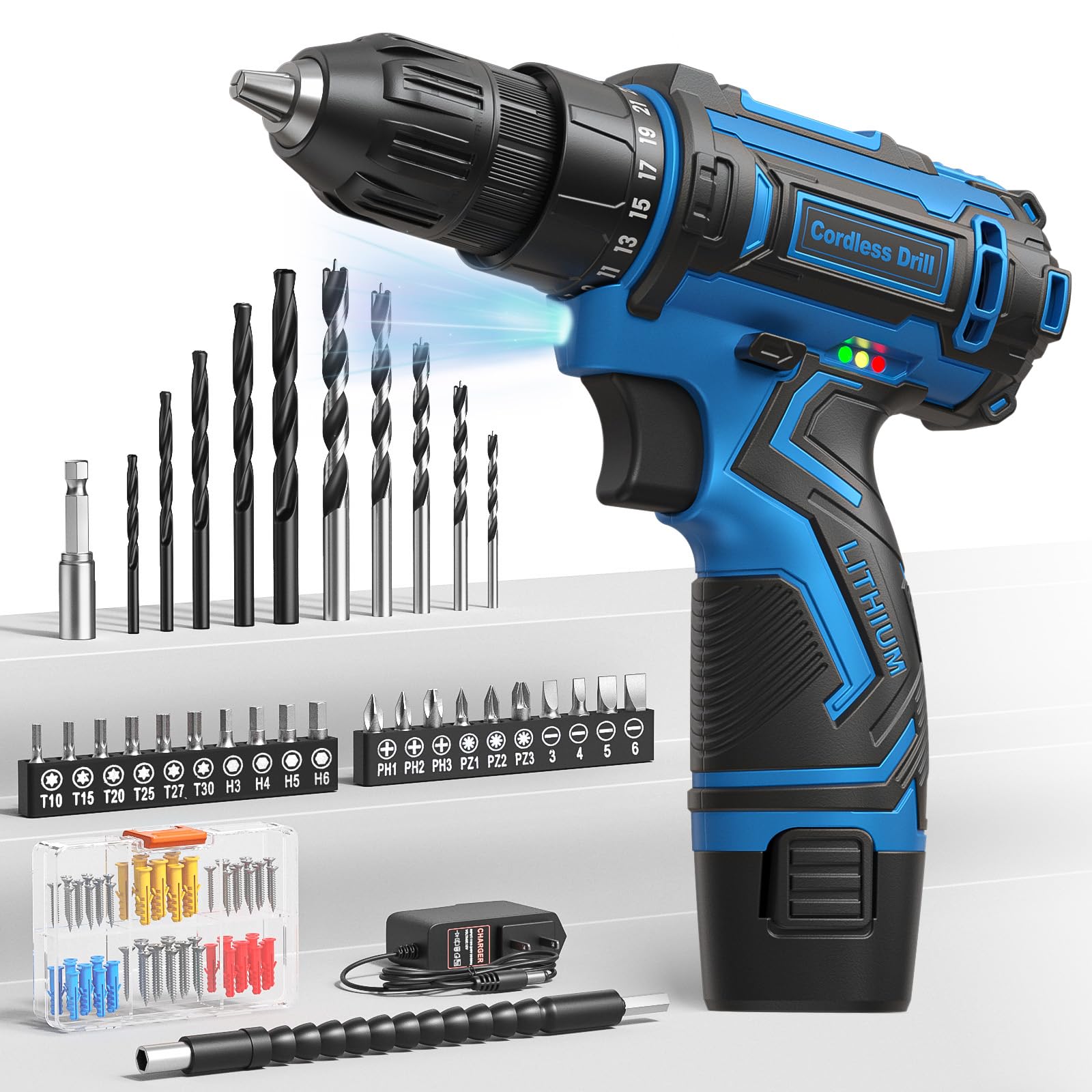 Photo 1 of Cordless Drill Set,12V Power Drill Driver 3/8" Keyless Chuck with 92 Acessories, Built-in LED Light, 25+1 Position, Electric Drill for Home DIY Projects?Blue?