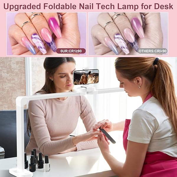 IVICT NAIL DESK LAMP, 34″ NAILS TECH LIGHT WITH PHONE STAND, 0-100% ADJUSTABLE BRIGHTNESS, 3000K-6000K COLOR TEMPERATURE LED DESK LAMP FOR NAIL, TATTOOS, EYEBROWS, BEAUTY