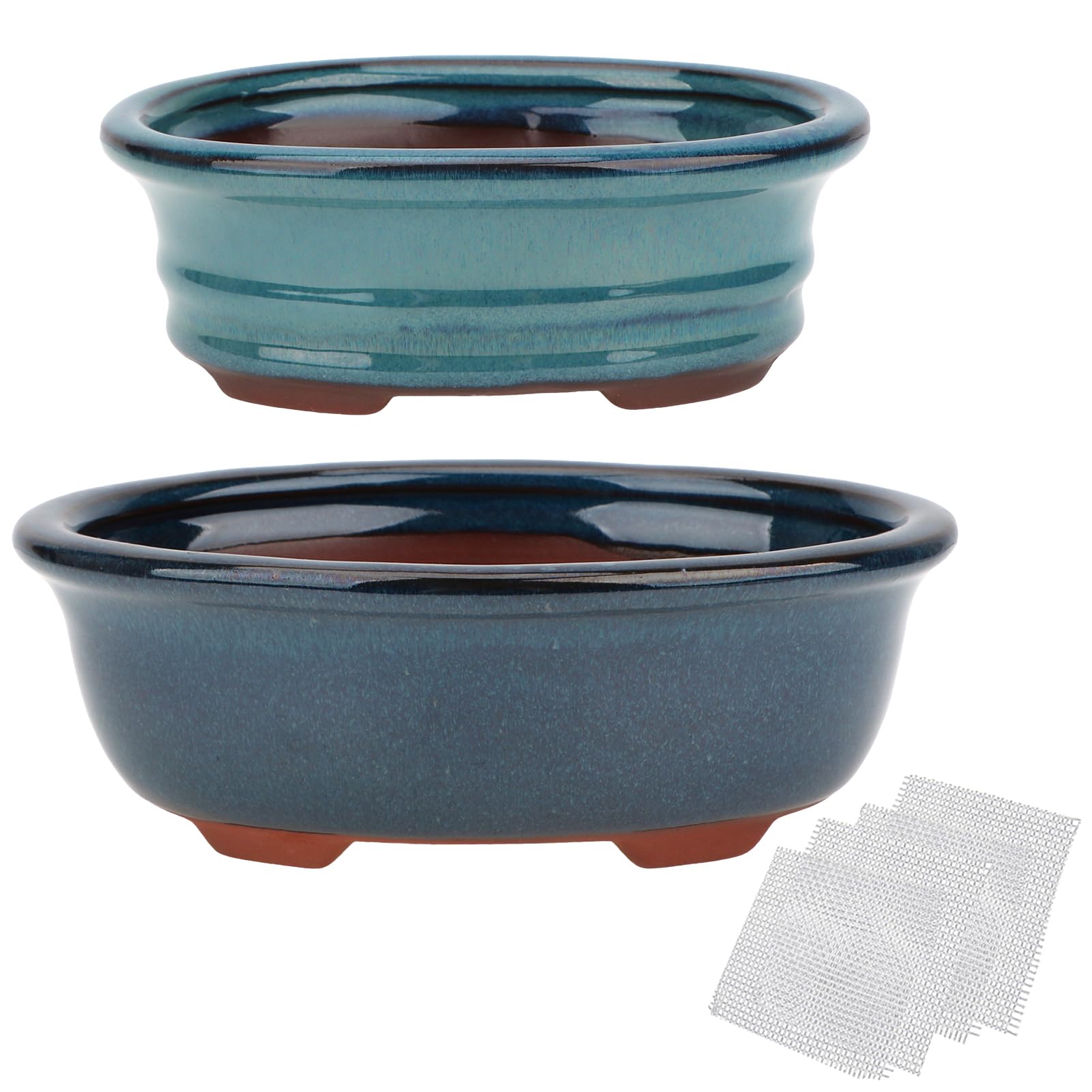 happy bonsai 5.7" 7" Glazed Pots, Value Set of 2 + 4 Soft Mesh Drainage Screens