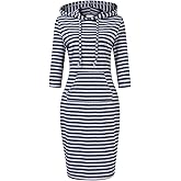 Clearlove Grey Sweatshirt Pullover Hoodie Dress for Women with Pockets, 34 Sleeve Knee Length Light Grey Dark Blue Stripes M