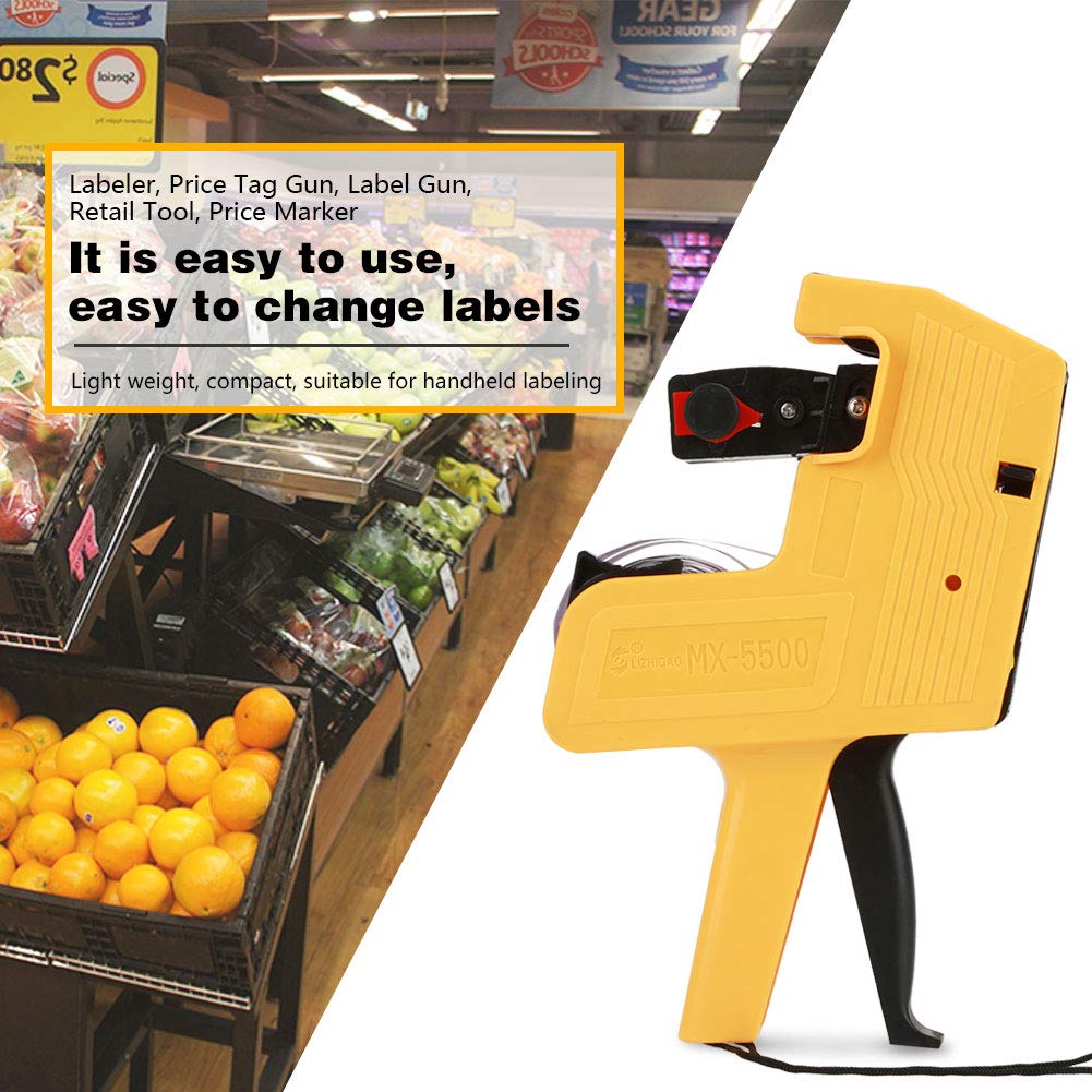 MX-5500 8 Digits Price Labeller,Label Gun Labeler Tag Gun with Labels & Ink Refill Yellow Red Blue Pricing Labeller for Office,Retail Shop,Grocery Store (Yellow)