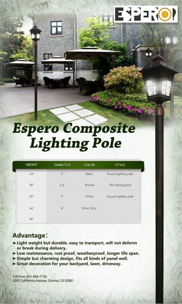 Espero Outdoor Lamp Post Corrosion Resistant Fiberglass Light Pole for Garden&Lawn, 3" Dia x 60" H