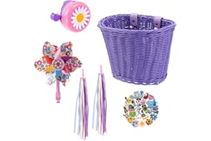 Kids Bike Basket, Bike Basket Front Bike Accessories for Girl Boys, Woven Bicycle Basket with Stickers, Bike Bell, Windmill, 