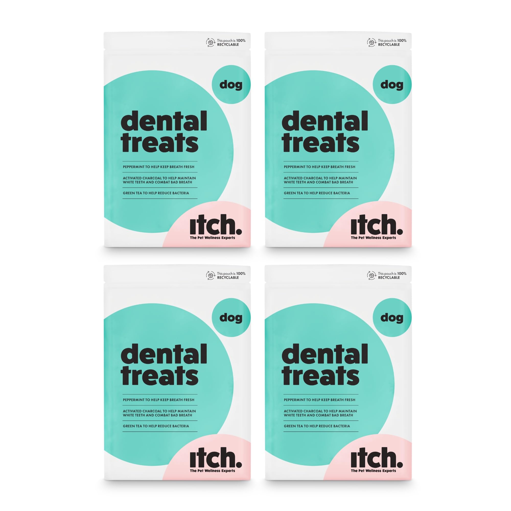 Itch - Dental Dog Treats - Grain- Free, Dental Care Dog Treats With Peppermint, Activated Charcoal and Green Tea Extract for Oral Hygiene - Made in the UK - 4-Pack