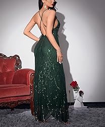 Women's V Neck Spaghetti Straps Sequin Sparkly