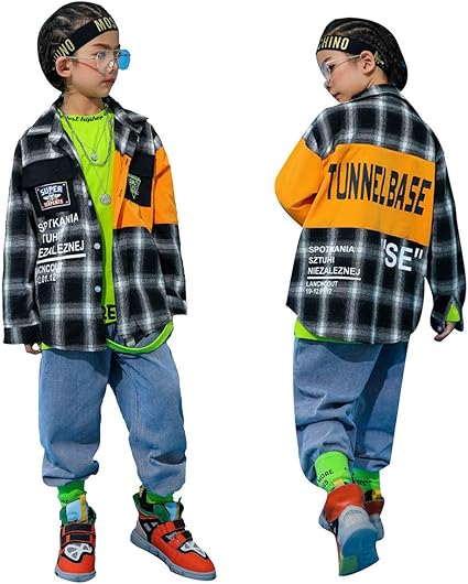 Amazon Co Jp キッズ ダンス 衣装 セットアップ 長袖チェックシャツ デニムパンツ ダンス衣装 ヒップホップ パンツ 男の子 女の子 トップス サルエルパンツ 子供服 ヒップホップ ダンス衣装 派手 ストリート 原宿系 レッスン ダンスウェア ジャッズ Hiphop 激安 シャツ