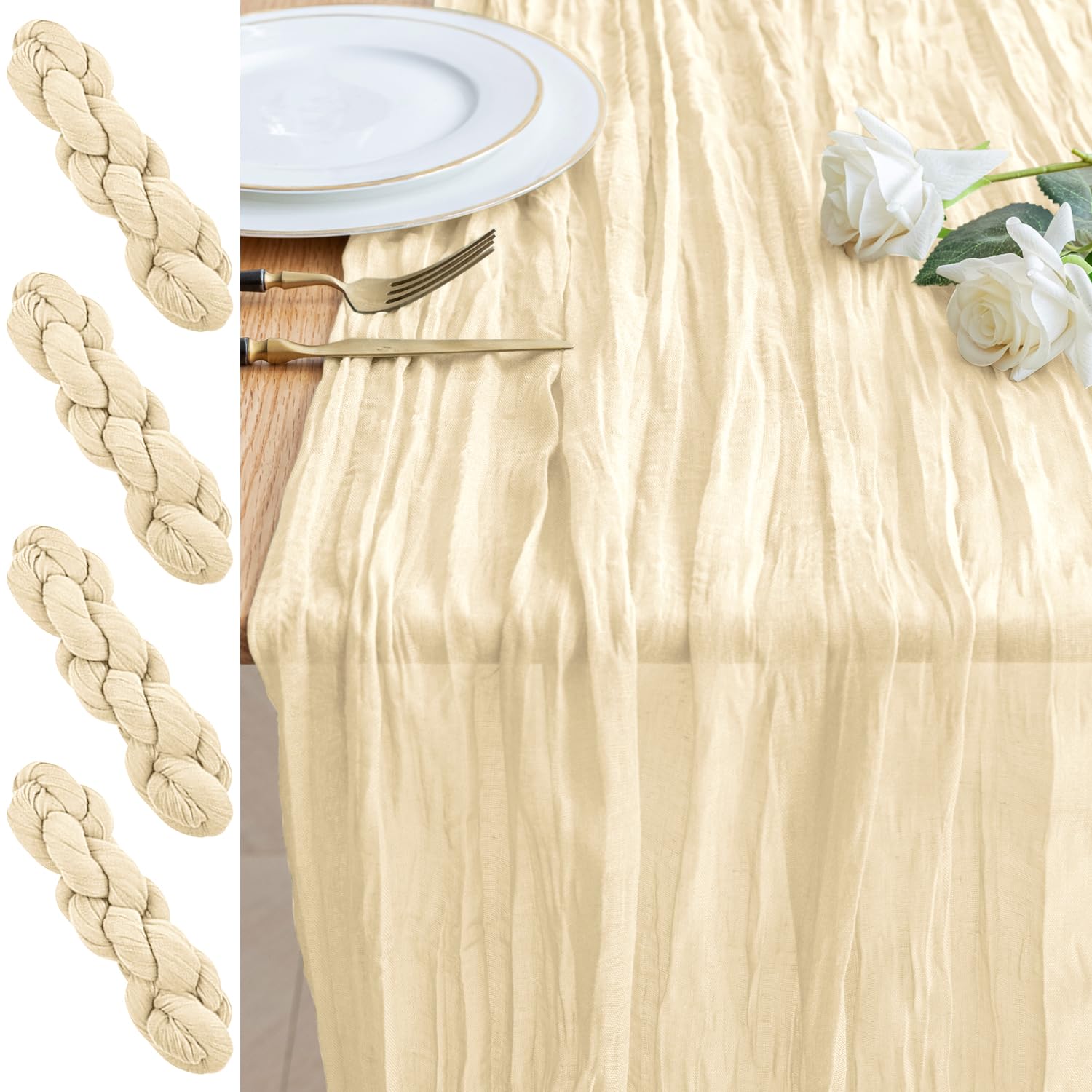 Photo 1 of Xiomot 4PCS Table Runner Cheesecloth 10FT Beige Boho Gauze Cheese Cloth Rustic Sheer Table Runners for Wedding Bridal Baby Shower Party Decoration