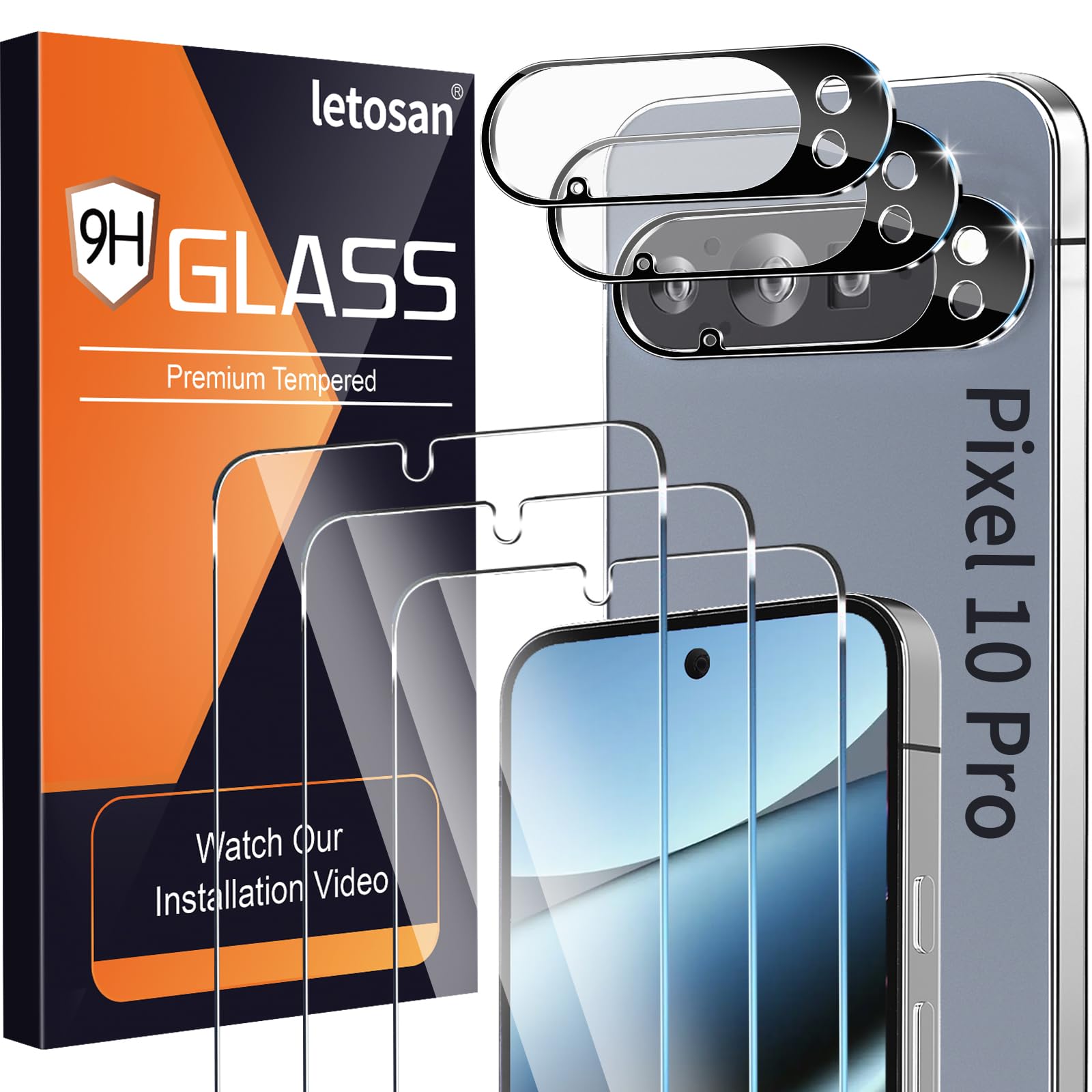 letosan 3 Pack for Google Pixel 10 Pro Screen Protector Tempered Glass + 3 Pack Camera Lens Protector, Military Grade Shatterproof, 9H Hardness, Fingerprint Unlock,Case Friendly 6.3 Inch