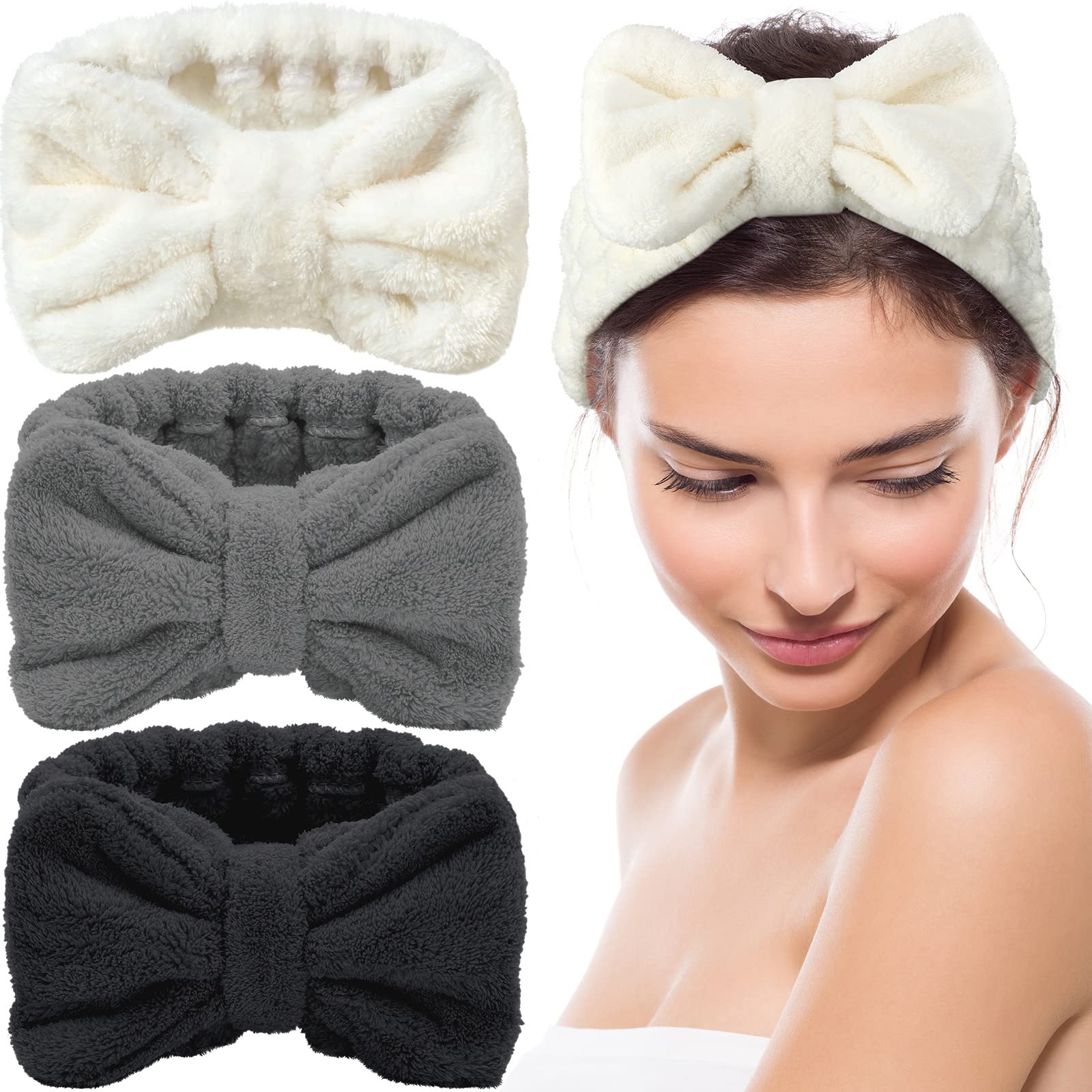 Photo 1 of 3 Pieces Towel Headbands for Women Makeup Headband for Washing Face Makeup Spa Headband, Microfiber Bowtie Shower Headband for Women (White, Light Gray, Black)