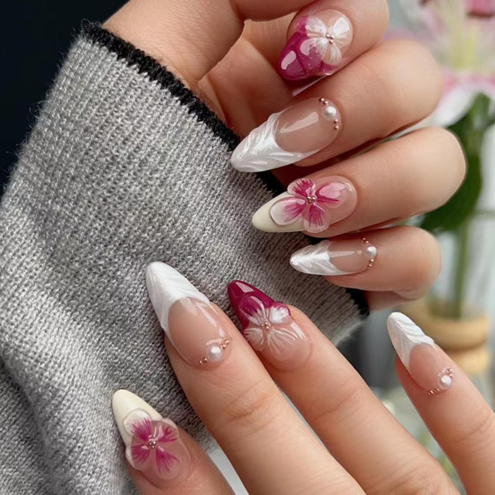 Flower Press on Nails White French Tip Fake Nails Medium Almond False Nails with Pearl Design 5D Floral Glue on Nails Glossy Artificial Acrylic Full Cover Spring Stick on Nails for Women Manicure
