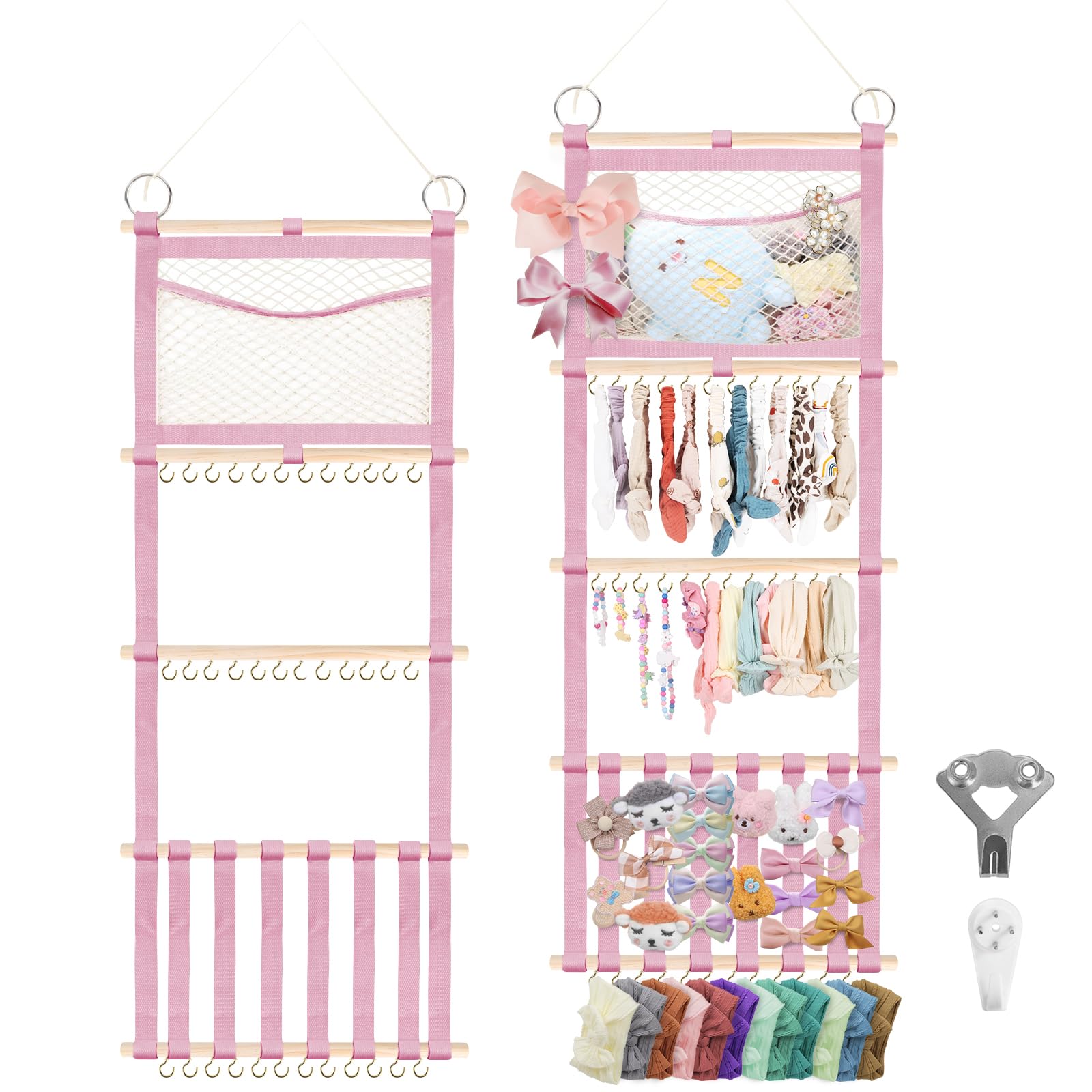 Photo 1 of Munzong Headband Holder 52x17 inch, Pink Hair Bow Clip Organizer for Baby Girls, 4 Tier Wall Hanging Headband Shelf w/Mesh Bag, Large Nursery Hair Accessories Storage Hanger for Toddler Women
