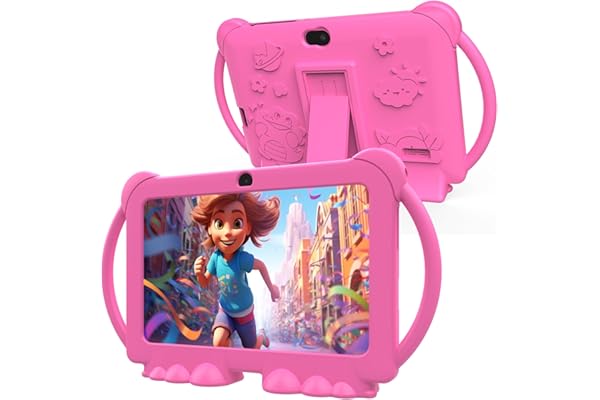 PEICHENG Kids Tablet 7 inch Android 12.0 for Toddler, 4GB RAM 32GB ROM Bluetooth IPS Screen Parental Control Dual Camera Shockproof Case for Educational Games, (Pink)