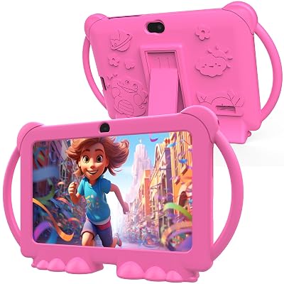 PEICHENG Kids Tablet 7 inch Android 12.0 for Toddler, 4GB RAM 32GB ROM Bluetooth IPS Screen Parental Control Dual Camera Shockproof Case for Educational Games, (Pink)