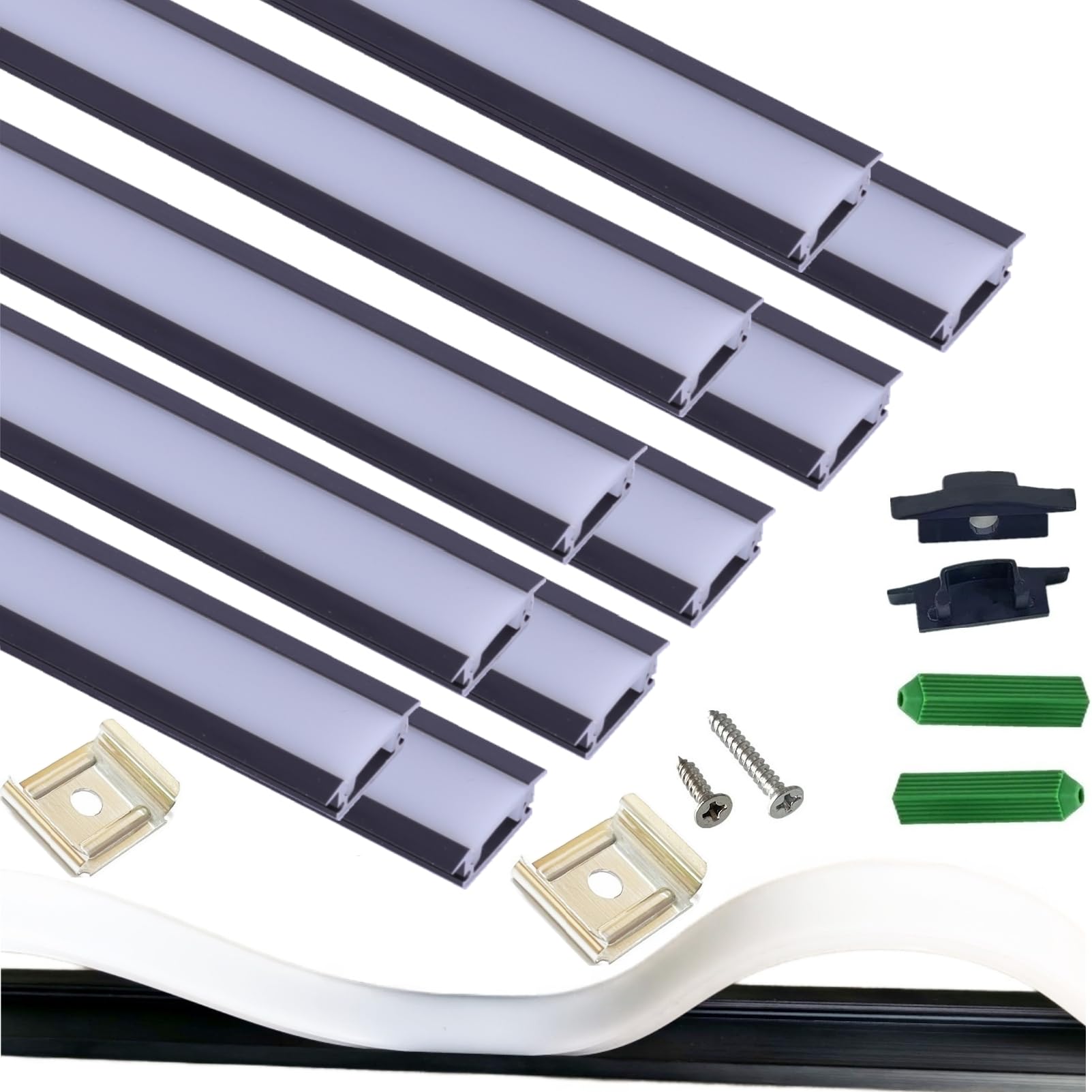 Photo 1 of 10-Pack 3.3FT Recessed Strip Black Channel With Continuous Silicone Diffuser , Flexible Seamless Milky Cover LED Ribbon Tape Track, Wardrobe Bookcase Cabinet Embedded Aluminum Low Profile (10, Black)