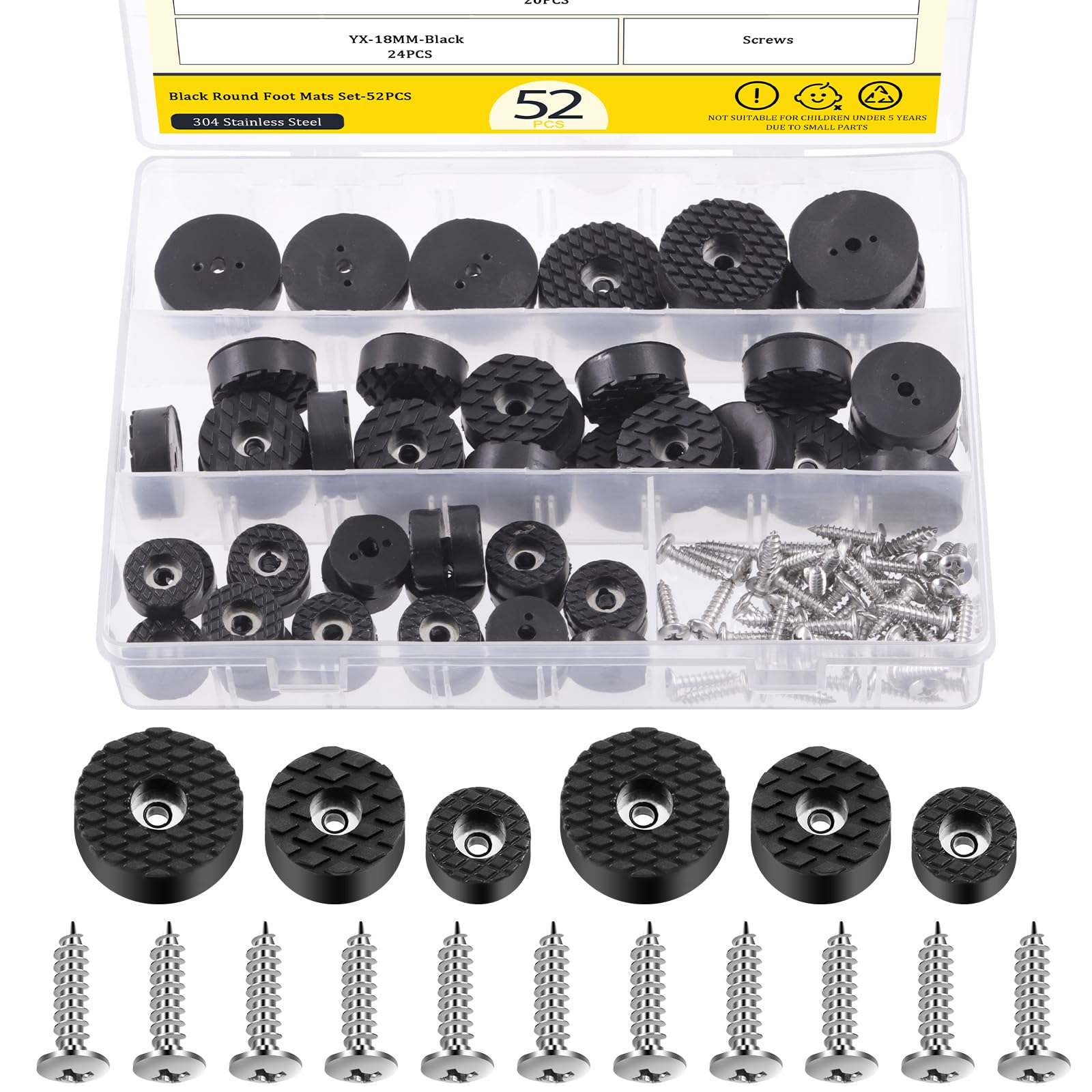 Mardatt 52Pcs 18mm/24mm/30mm Furniture Pads with Screws, Screw-On Rubber Feet for Furniture, Non Slip Rubber Feet Bumpers Floor Protector for Table Desk Chair Sofa Leg