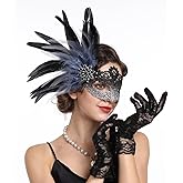 SAFERIN Lace Masquerade Mask & Gloves Set Delicate Feather Venetian Style Eye Mask for Halloween